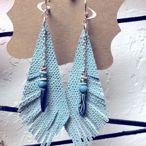 Custom leather fringe earrings - ice turquoise